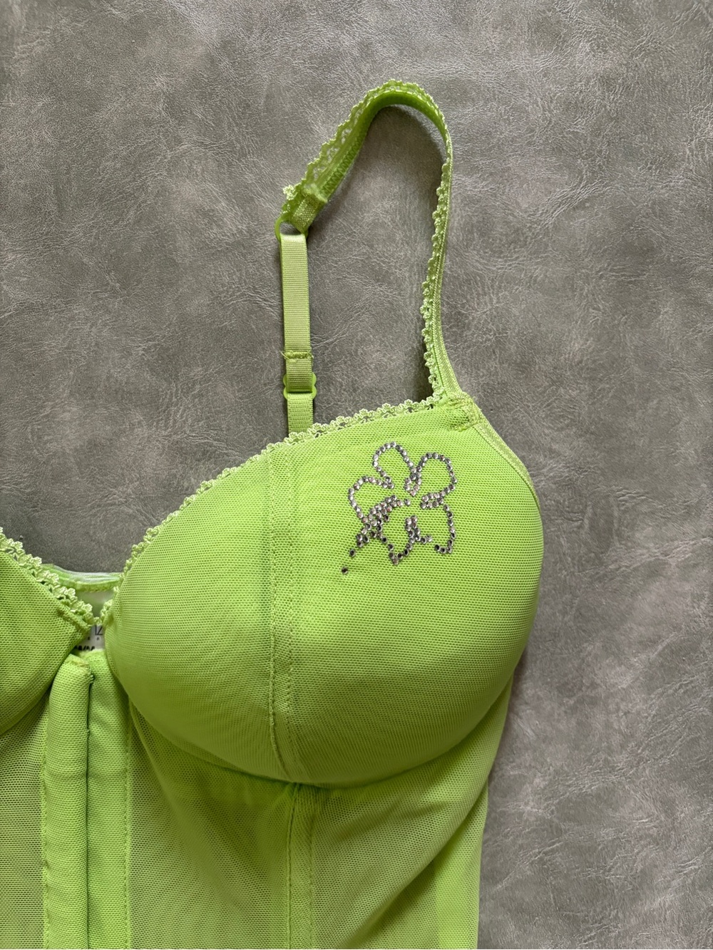 Y2K Lasenza Lime Green Cyber Coquette Baddie Corset Bustier Mesh Bra Top - Picture 7 of 16